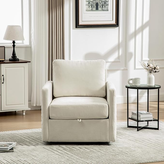 29.5'' Swivel Accent Chair Upholstered 360° Swivel Chenille Reading Armchair with Hidden Storage Comfy Diamond-Shape Tufted Single Sofa Club Chairs for Living Room Bedroom (Beige)