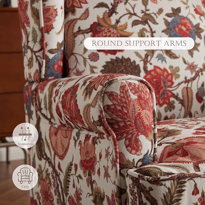 MELLCOM Floral Accent Chair High Back Upholstered Armchair with Solid Legs Leisure Single Sofa Chair for Living Room Bedroom Home Office Red Floral