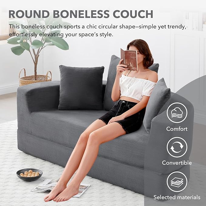 Round Boneless Couch Corduroy Upholstered Folding Convertible Sofa Bed with Pillows 2-in-1 Futon Sofa Bed with Half-Circle Design Comfy Loveseat for Living Room Apartment (Gray)