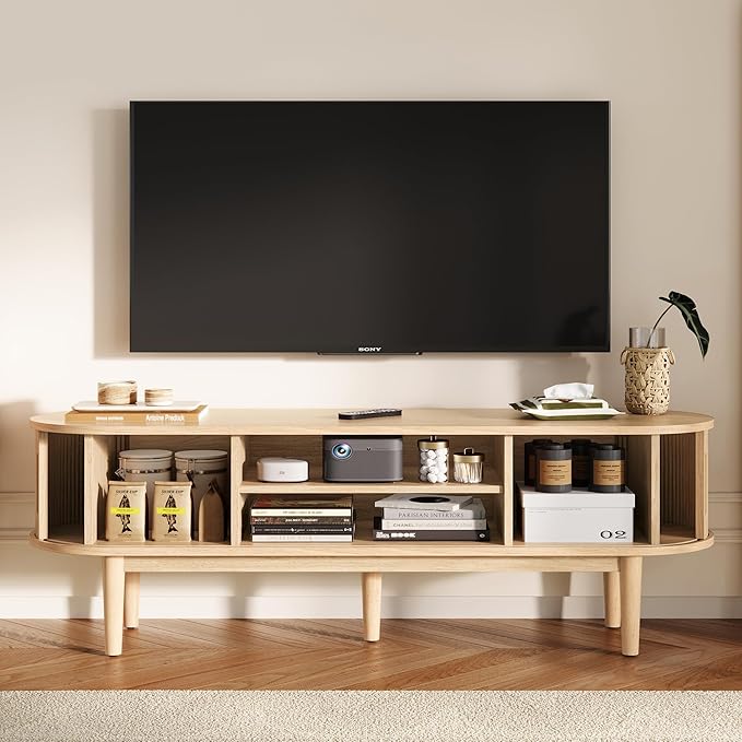LINSY HOME 58 Fluted TV Stand for TVs up to 65 Inch Mid Century Modern Entertainment Center with Storage Cabinet and Sliding Doors Farmhouse Wood Media TV Console for Living Room Bedroom Oak