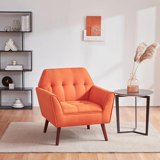 Kingfun Accent Chairs for Bedroom Midcentury Modern Accent Arm Chair for Living Room Linen Fabric Comfy Reading Chair Tufted Comfortable Sofa Chair Upholstered Single Sofa Orange