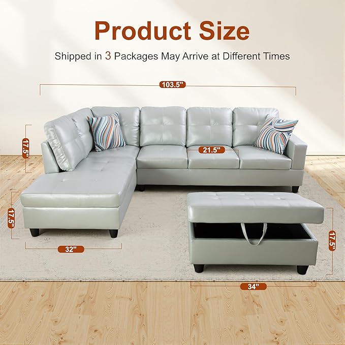 L Shaped Couch PU Leather Sectional Couches for Living Room 3 Pieces Modular Sectional Sofa with Chaise Ottoman with Storage for Living Room and Small Apartment Silver Green