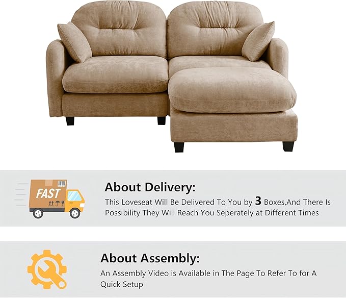 mikibama 74 Chenille Loveseat with OttomanModern Modular Sectional L-Shaped 2 Seater Cloud Sofa with Deep SeatL Shape Couch with Chaise Lounge Curved Arms for Living RoomSmall Spaces(Camel2S+1O)