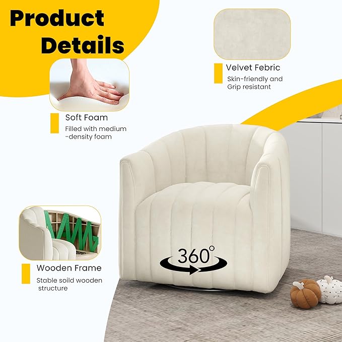 Swivel Accent Chair Velvet Barrel Arm Chair for Living Room Pumpkin Shaped Curved Chair with Metal Base for Bedroom Balcony Study Room（Beige White Set of 2）