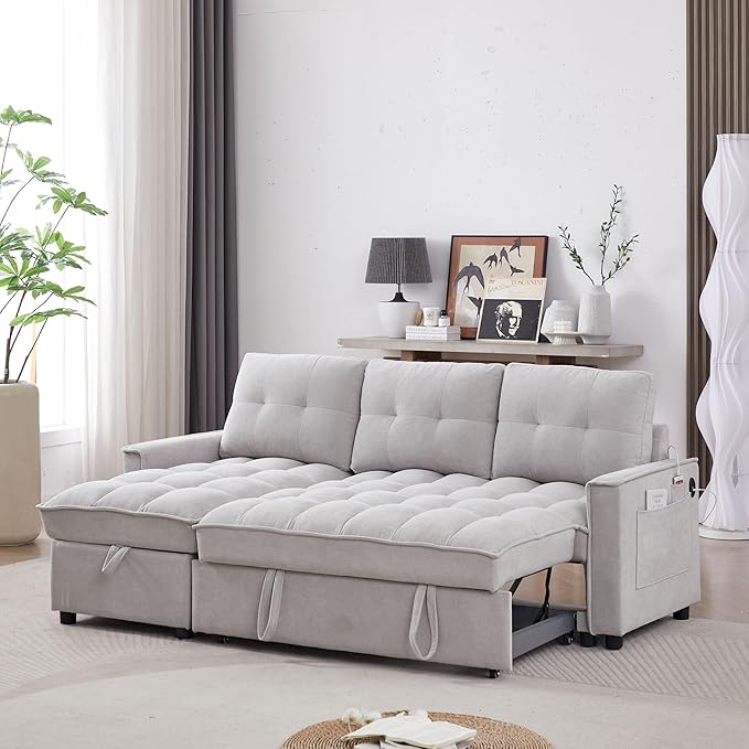 Reversible Sectional Sleeper - Pull Out Sofa Bed Couch with USB and Tape-c Charging Ports L-Shape Sleeper Sectional Sofa Couch for Living Room Office and Small Apartment (Light Grey)