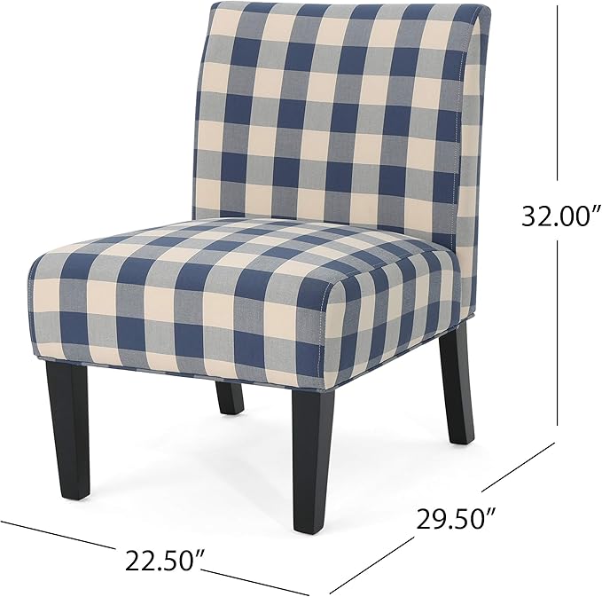 Christopher Knight Home Kendal Accent Chair Upholstered Farmhouse-Style Blue Checkerboard Matte Black Rubberwood Legs 29.2D x 22.5W x 32H in