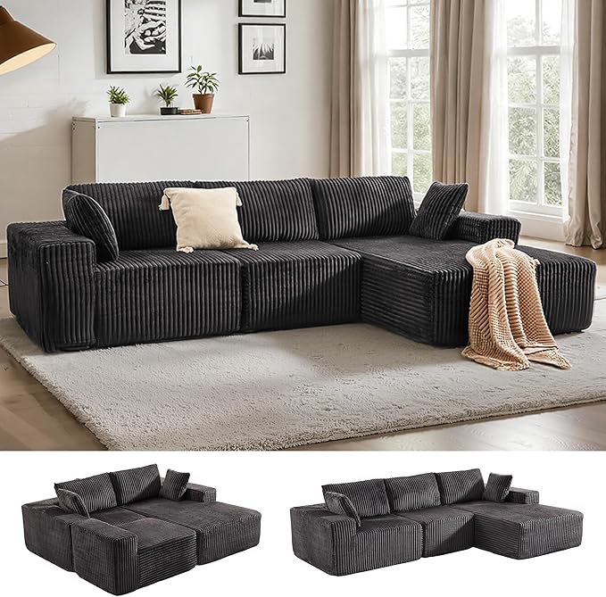 Apicizon 113 Boneless Sectional Sofa Couch for Living Room L-Shape Modular Boneless Sectional Couches Sofa Bed with Chaise Longue for ApartmentNo Assembly Required (Stripe Corduroy Gray)