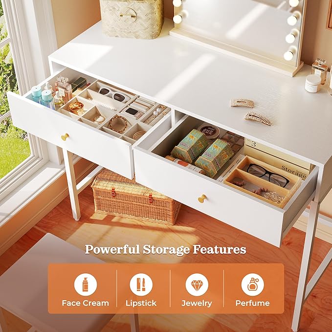 SUPERJARE 35.4 White Desk with 2 Drawers Modern Makeup Vanity with Padded Stool Small Computer Desk Home Office Desk for Writing Study Bedroom