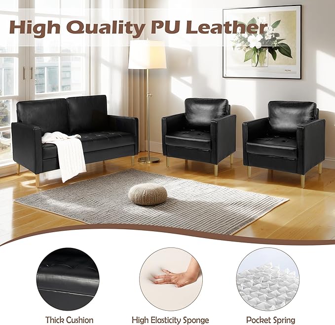 AILEEKISS Mid-Century Sectional Sofa Couch Set Faux Leather Office 3 Pcs Couch Set with Armrest Modern Upholstered Loveseat Couches for Livingroom (1-Seater+1-Seater+2-Seater Black)