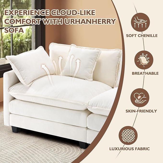 111.4” L Shape Cloud Couch Modular Sectional Sofa with Movable Ottoman 3-Seater Chenille Couches Deep Seat with Throw Pillows for Living Room Apartment （Beige）