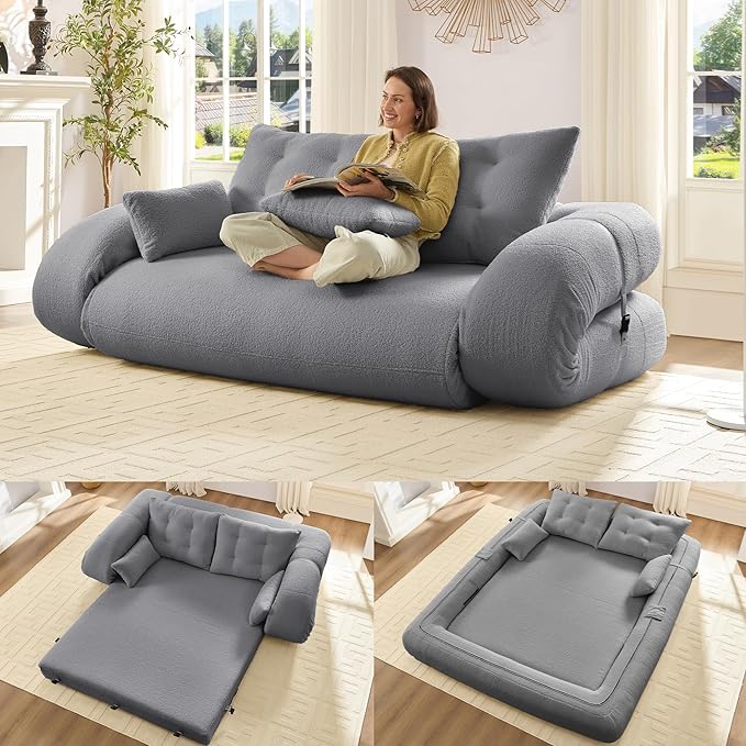 78.7 King Foldable Sofa Bed Lazy Sofa Couch 3-in-1 Multi-Functional Sleeper Sofa Bed Teddy Futon Sofa Floor Loveseat Sofa Human Dog Bed Bean Bag Lounge Recliner for Living Room Grey