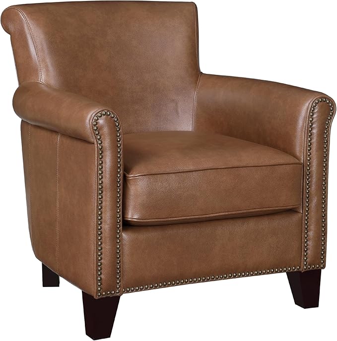 Lexicon 100% Top Grain Genuine Leather Chair Leather Accent Chairs for Living Room Solid Wood Frame Rolled Armrest &amp Nailhead Trim Comfy Reading for Bedroom Office Waiting Room Brown