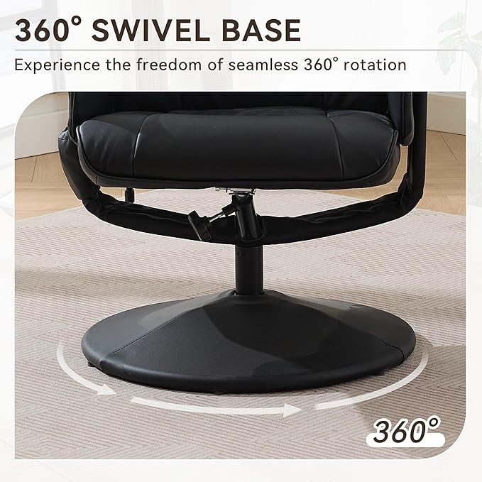 140° Adjustable PU Leather Recliner Chair with Ottoman 360° Swivel Massage Lounge Chair with 5-Point Vibration &amp Heated Seat for Living Room Home Theater or Office (Black)