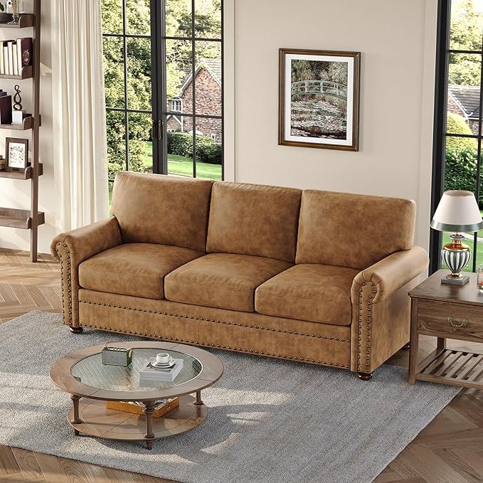 ONBRILL Faux Leather Sofa 84 Inches Nailhead Trim Couch for Living Room Mid-Century Modern Deep Seat Sofa with Rolled Arms Classic 3 Seater Couch for Apartment Office Caramel