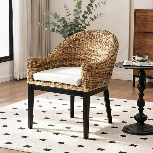 DUHOME Rattan Accent Chair - Modern Armchair with Natural Rattan Armrest Black Solid Wood Legs &amp Inset Beige Cushion Leisure Chair for Balcony Living Room