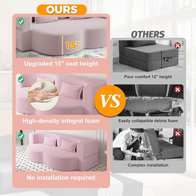 78 Convertible Folding Sofa Bed 2-in-1 Full Size Floor Boneless Couch Bed Loveseat sleeper Couch  Teddy Floor Sofa Memory Foam Sleeper SofaBed Small couches for small spaces No Assembly (Pink)