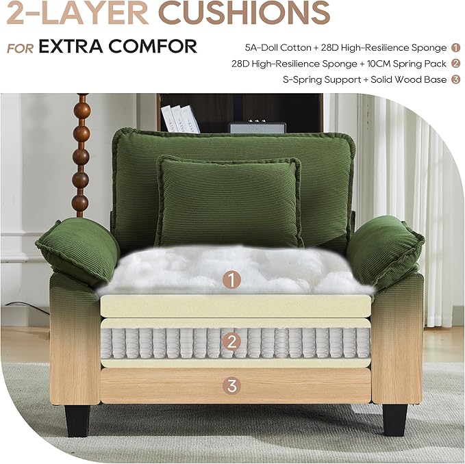 IPKIG Chenille Oversized Accent Chair - 53 W Cozy Upholstered Single Reading Armchair Modular Cloud Sofa for Living Room Bedroom Kids Room Family Room Reading Nook (Green Chair Only)