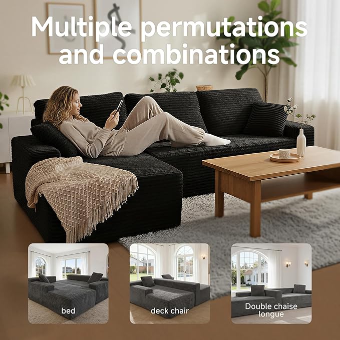 105 Cloud Modular Boneless Couch Left Facing L-Shaped Chaise Sectional Sofa - No Assembly Required Plush Corduroy &amp Memory Foam for Living Room Bedroom Apartment (Black)