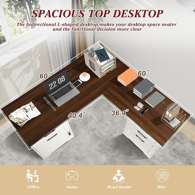 Grepatio 60 L Shaped Executive Desk with Drawers Farmhouse Corner Desk with USB Charging Station 2 Person Home Office Computer Writing Desks with Storage Key Lock Filing Cabinet (Antique White)