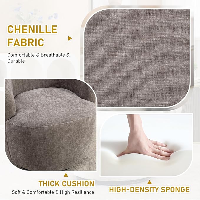 Swivel Accent Chair360 Degree Chenille Small Swivel Barrel ChairUpholstered Comfy Arm ChairModern Round Swivel Bucket ChairSingle Sofa Chair for Living RoomBedroomNursery(Grey)
