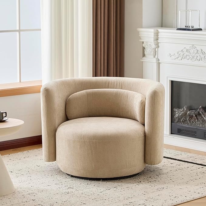 Christopher Knight Home Tanzy 360-Degree Swivel Barrel Chair Upholstered Lounge Chair Indoor Comfy Armchair with Lumbar Pillow for Living Room Thick Cushion Metal Base and Wood Frame Khaki