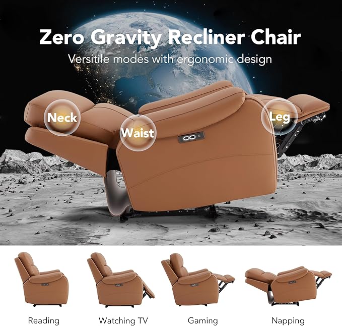 CHITA Large Power Zero Gravity Recliner Chair Genuine Leather Recliner Chair for Adults with Adjustable Power Headrest and Hidden Slide-Out Cupholders USB and Type-C Ports Saddle