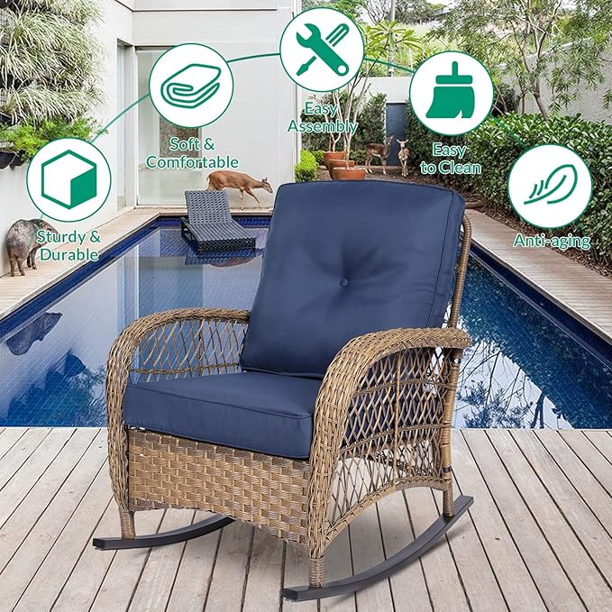 VIVIJASON 2 Piece Patio Wicker Rattan Rocker Chair Outdoor Rattan Rocker Chair with Cushions &amp Steel Frame All-Weather Rocking Lawn Wicker Furniture for Garden Backyard Porch (Navy Blue)