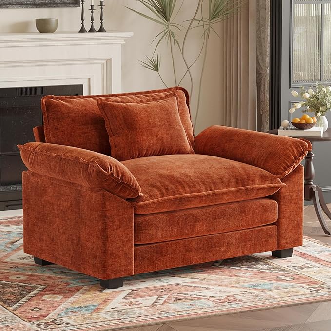 HUSFU Oversized Accent Chair 49.5'' W Chenille Cloud Sofa Chair with Deep Seat and Extra Wide Armrests Comfy Reading Armchair for Bedroom Living Room Terracotta Orange