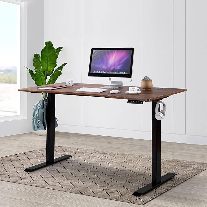 UNICOO - Dual Motor Electric Height Adjustable Standing Desk 59x29.5 Inches Home Office Computer Desk Gaming Desk with USB Charging and Hooks (Black Frame/Rustic Brown Top) XOT-D59-BR