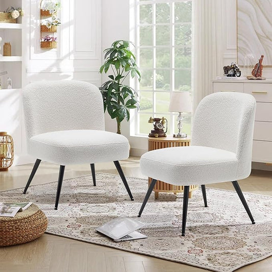 Andeworld Modern Accent Chair Set of 2 Upholstered Sherpa Velvet Living Room Chairs Elegant Armless Cute Small Side Club Chair with Golden Legs for Bedroom-White