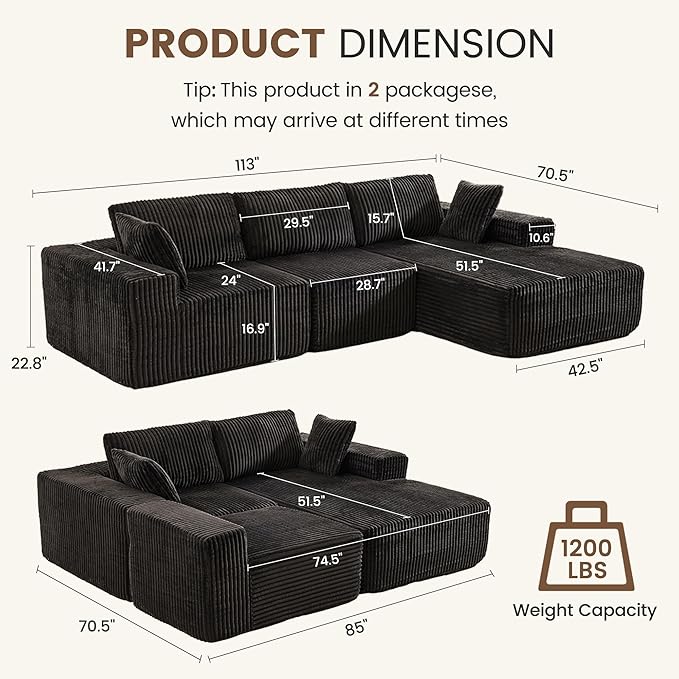 Apicizon 113 Boneless Sectional Couch for Living Room L Shaped Sectional Sofa Couch with Left Chaise Longue Modular Sleeper Sofa for ApartmentNo Assembly Required (Stripe Corduroy Black)