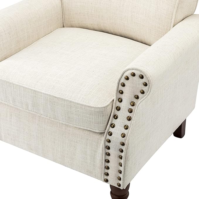 Modern Upholstered Accent Chair with Wood Legs Wingback Armchair with Removable Cushion Comfy Nailhead Trim Lounge Chair Single Sofa Reading Chairs for Living Room Bedroom