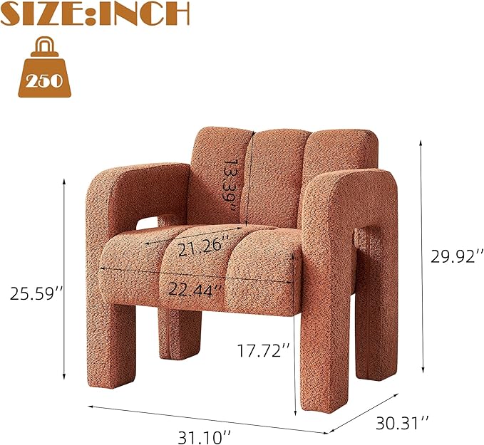 Yoglad Modern Accent Chair Bouclé Fabric Upholstered Armchair Comfy Single Chair for Living Room Lounge Bedroom Office-Orange
