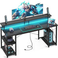 ODK 63 inch Computer Desk with Power Outlets &amp LED Lights Gaming Desk with Monitor Stand &amp Storage Sheves Home Office Desk Carbon Fiber Black