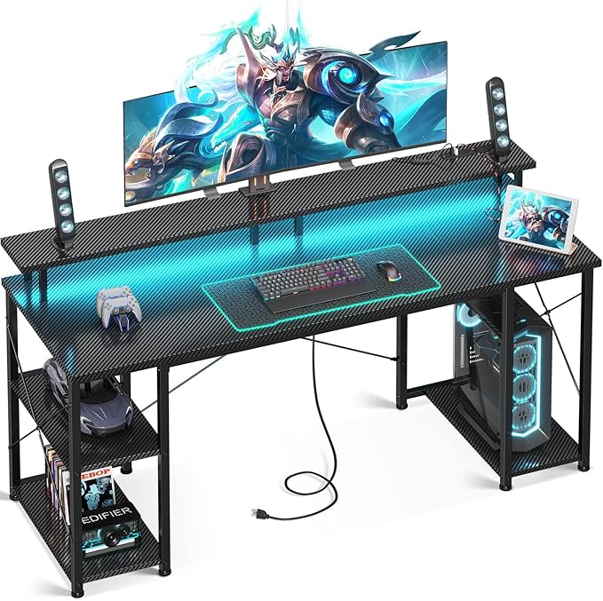 ODK 63 inch Computer Desk with Power Outlets &amp LED Lights Gaming Desk with Monitor Stand &amp Storage Sheves Home Office Desk Carbon Fiber Black