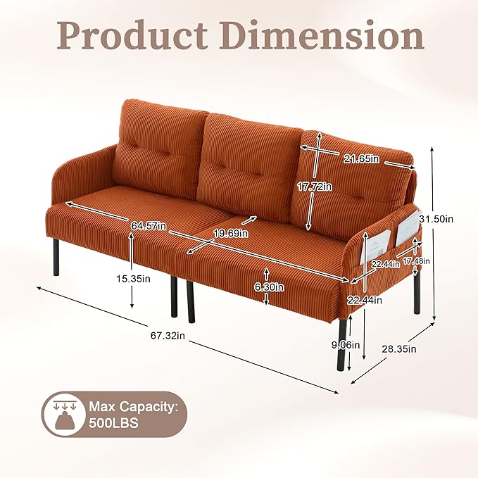 KEIKI 67 Corduroy Loveseat Sofa with Double Side Pockets &amp High Resilience Cushion Modern Style Upholstery Oversized 2-Seater Couch with Metal Legs Easy Assembly for Living Room Orange
