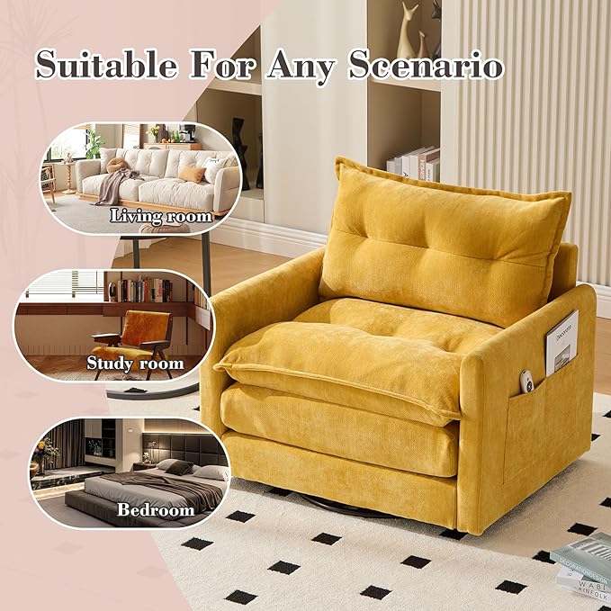 Swivel Accent Chairs for Living Room 36.2 Comfy Swivel Chair with Solid Metal Base Single Sofa with Pillows &amp Side Pockets (Mustard Yellow)