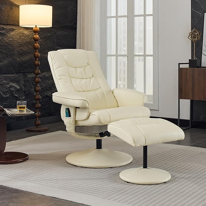 Pushback Recliner ChairComfy Wingback Adjustable Backrest Artificial Leather Accent Armchair with Footstool Trim &amp Wood Base Swivel Sofa Chair for Living Room Office Home Theater Bedroom (Beige)