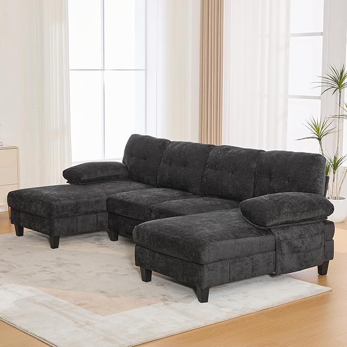 103.5 U-Shaped Sectional Sofa Modern Chenille Fabric Couch with Dual Chaise Lounges Side Storage Pockets and Armrest Pillows for Living Room (Black//16)