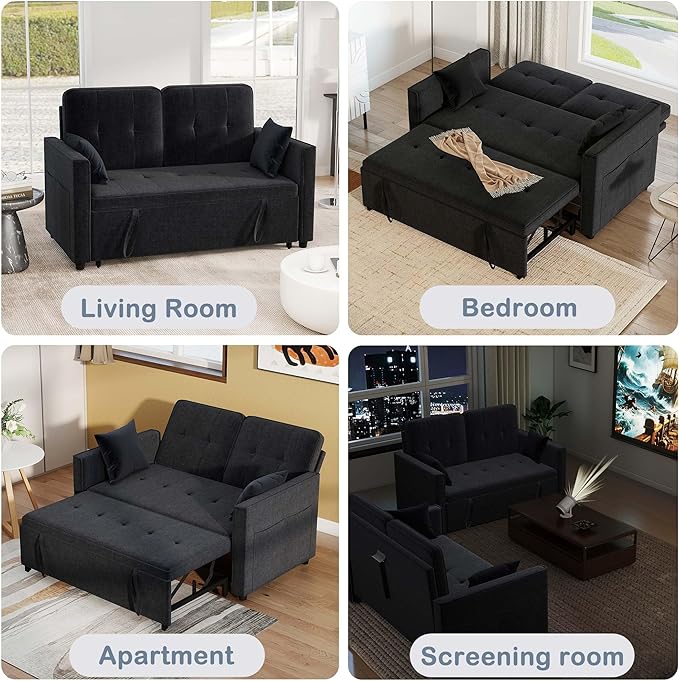 Pull Out Sofa Bed: 71 Black Convertible Loveseat Sleeper Sofa Bed for Small Space Modern 3 in 1 Couch with Storage Couch Beds for Living Room (Black)