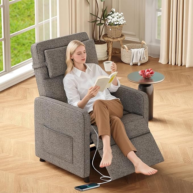 PeakPursuit Power Recliner Chair with Electric Adjustable Back USB Port &amp Side Pockets Single Overstuffed Recliner Chair for Living Room Bedroom or Home TheaterBrown