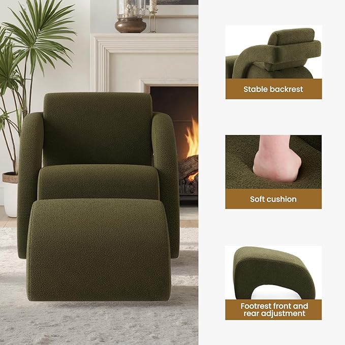 Soohow Upholstered Armchair with Ottoman – Plush Bouclé Fabric Curved Seat &amp Sled-Base Lounge Chair for Living Room Bedroom Study