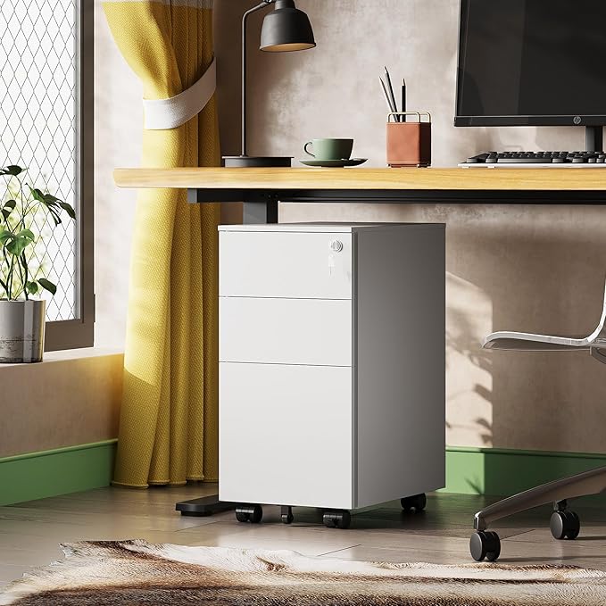 DEVAISE 3 Drawer Vertical File Cabinet with Lock Under Desk Mobile Metal Filing Cabinet for Home Office Fit Legal/Letter/A4 File Fully Assembled Except Wheels White