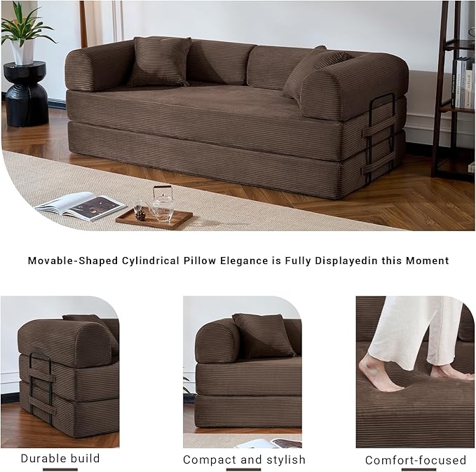 Compressed Sofa Convertible Sofa Bed Corduroy Compression Boneless Couch with Pillow Comfy Modular Foldable Floor Sleeper Sofa for Bedroom Living Room Lounge Studio (Brown)