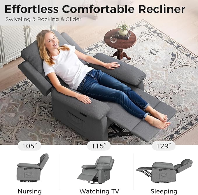 Glider Recliner for Adult Indoor Upholstered Lounge Nursery Chair Swivel Single Sofa with Side Pockets for Living Room Bedroom(Grey)