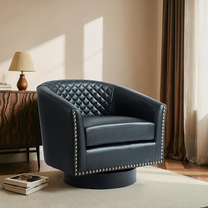 Swivel Barrel Accent Chair Faux Leather Club Chair for Living Room Modern Upholstered Round Armchair Side Chair for Bedroom Office-Black