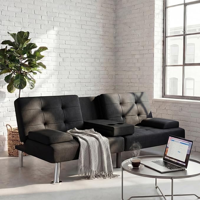 YESHOMY Modern Futon Sofa Bed Convertible Futon Couch with Adjustable Backrest Futon Loveseat Sleeper Sofa Bed with Armrest for Living Room Small SpacesLinen Fabric Classic Black