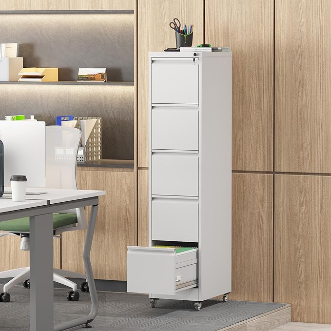 5 Drawer Small File Cabinet with Lock on Wheels Under Desk Locking Storage Cabinet Organizer for Home Office Filing Filing CabinetsWhite