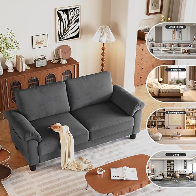 Vesgantti 70 Living Room Couch Sofa Mid Century Modern Loveseat Velvet Deep Couches for Small Spaces Bedroom Apartment Office Removable Sofa Cover Spring Cushions Easy to Install Grey
