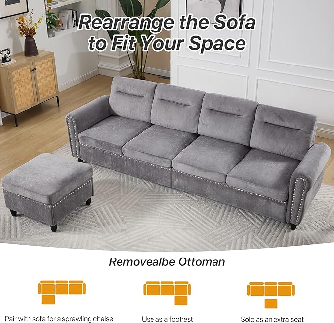 Westice 106 Modular Sectional Sofa with Movable Ottoman Deep-Seat L-Shaped Couch 4-Seater Modern Sofa for Living Room Bedroom or Apartment Gray